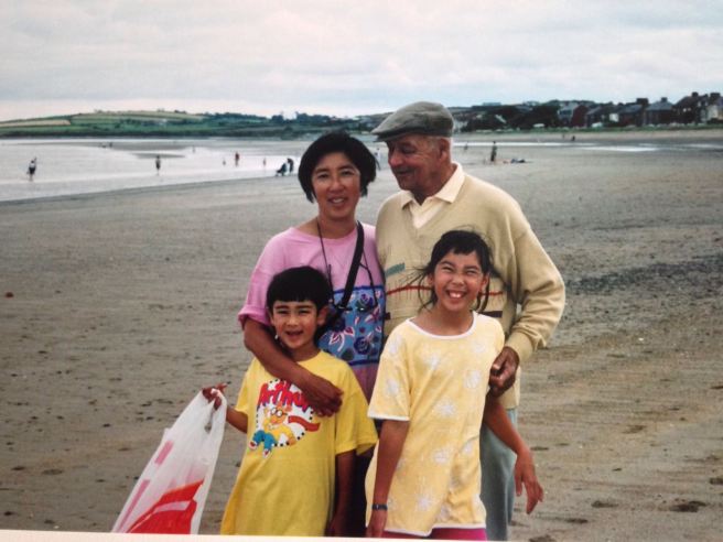 Pop and us, Skerries beach, sometime in the late 90s.