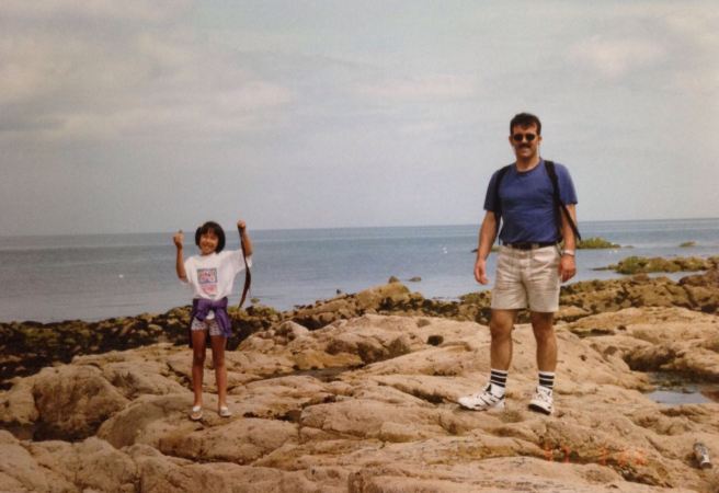 My dad and I collecting shells, in our incredibly fashionable mid-90s gear.